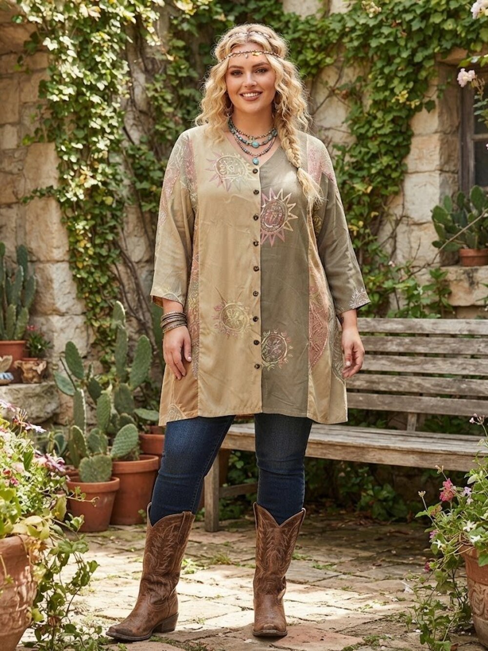 Blue Sky Olive & Tan Sunprint Button-Front Longline Tunic